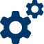 Two navy blue gear icons are shown, with one larger gear on the left and a smaller gear on the top right.