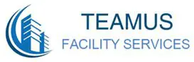 Logo of Teamus Facility Services featuring a blue abstract design of buildings on the left and the company name on the right.